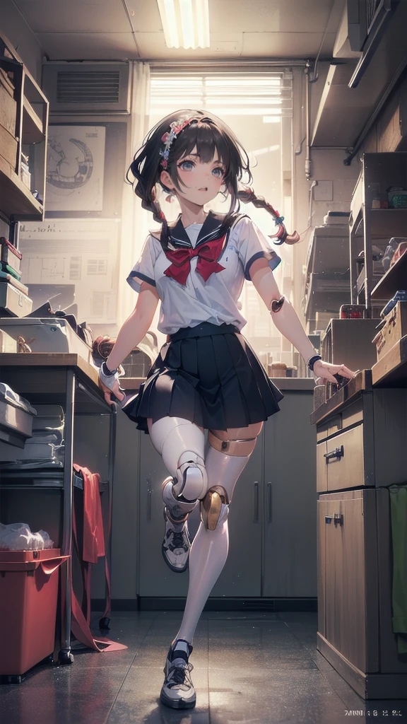 Full Body Shot,Perfect Eyes, Soft Light, high quality, 8k resolution, Masterpiece: Finely textured skin, Attention to detail, 最high quality, Awards, Very detailed, high quality,((Teenage Girls,Student Uniform,High school girl,Body 30％mechanical,Laugh naturally:1.35,The left leg is a prosthetic:1.25,His right arm is a complete prosthetic.,,Prosthetic arms and legs are futuristic,Soft looking lips,Glowing skin,Hair is braided,Hair Accessories,Soft-looking skin:1.25)),100 Meter Sprint:1.25,Running at full speed,I&#39;m good at running,Run with your thighs up,Long distance running,She wears shorts under her skirt:1.25,Raising smoke,Parkour in the schoolyard,Speed,shortness of breath,120%Run with the power of,Carrying a school bag,Sweat dripping all over my body,Wearing shorts under a skirt,汗が飛び散る,汗で髪が濡れてる,顔が赤くなってる,足で踏んだところに光の線が集る:1.25