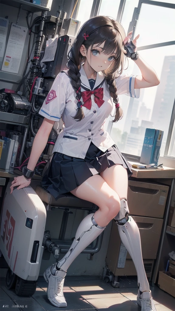 Full Body Shot,Perfect Eyes, Soft Light, high quality, 8k resolution, Masterpiece: Finely textured skin, Attention to detail, 最high quality, Awards, Very detailed, high quality,(( Girls,Student Uniform,High school girl,Body 30％mechanical,Laugh naturally:1.35,The left leg is a prosthetic:1.25,His right arm is a complete prosthetic.,,Prosthetic arms and legs are futuristic,Soft looking lips,Glowing skin,Hair is braided,Hair Accessories,Soft-looking skin:1.25)),100 Meter Sprint:1.25,Running at full speed,I&#39;m good at running,Run with your thighs up,Long distance running,She wears shorts under her skirt:1.25,Raising smoke,Parkour in the schoolyard,Speed,shortness of breath,120%Run with the power of,Carrying a school bag,Sweat dripping all over my body,Wearing shorts under a skirt,汗が飛び散る,汗で髪が濡れてる,顔が赤くなってる,足で踏んだところに光の線が集る:1.25