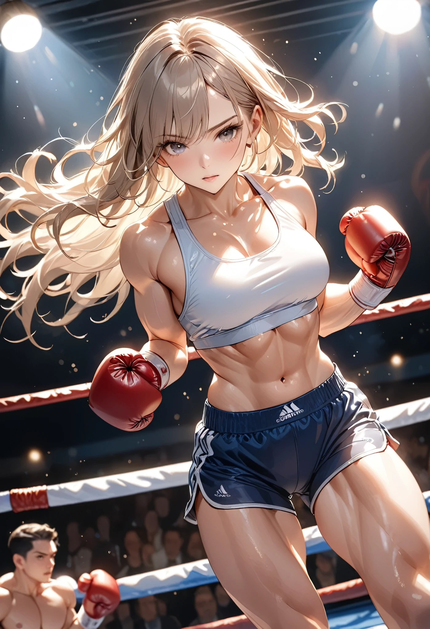 long shot, masterpiece, best quality, 8k, highres, ultra-detailed, studio lighting, ultra-fine painting, sharp focus, bokeh, portraits,BREAK,2girl,bodybuilding shorts, sexy body, boxing match, clinch, Realistic depiction, speed lines, waving hair,boxing ring,spot light