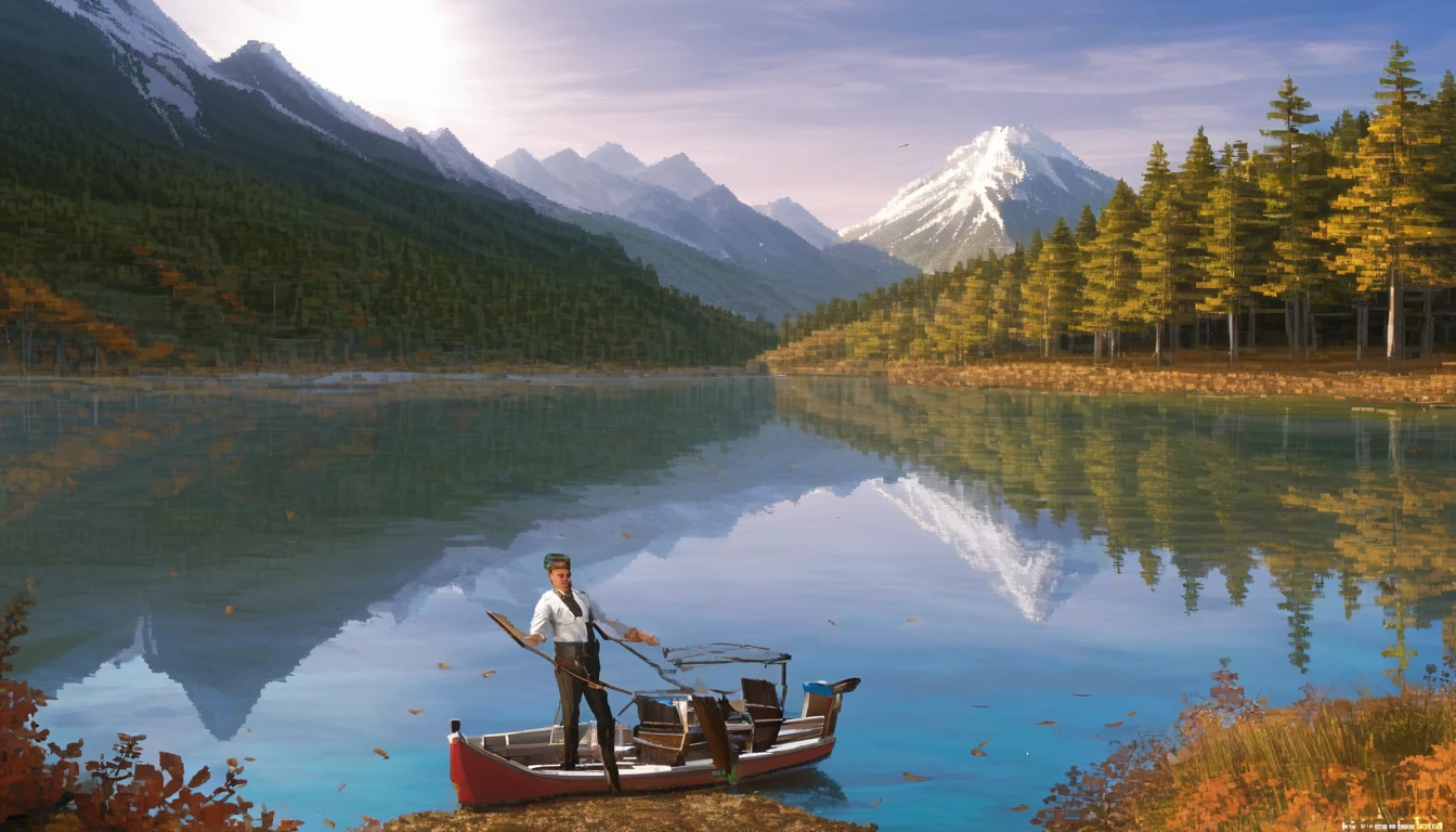 AUTUMM mountain landscape, beautiful mountain peaks reflect sunlight, in the gorge there is a FISHERMAN ON A BOAT IN transparent mountain lake WITH turquoise WATER SURROUNDED BY TREES covered with A VARIETY OF  AUTUMM COLOUR LEAVES, Gorgeous spruce trees on the background, aesthetically pleasing, beautiful, realistic, professional photo, 30mm lens, 1/250s, 4k, f/ 2.8, pixel graphics, bright light, ISO 100, high resolution, high detail, GOLDER HOUR, 