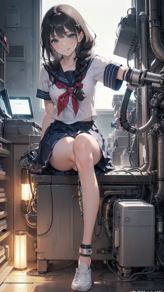 Full Body Shot,Perfect Eyes, Soft Light, high quality, 8k resolution, Masterpiece: Finely textured skin, Attention to detail, 最high quality, Awards, Very detailed, high quality,((Teenage Girls,Student Uniform,High school girl,Body 30％mechanical,Laugh naturally:1.35,The left leg is a prosthetic:1.25,His right arm is a complete prosthetic.,,Prosthetic arms and legs are futuristic,Soft looking lips,Glowing skin,Hair is braided,Hair Accessories,Soft-looking skin:1.25)),100 Meter Sprint:1.25,Running at full speed,I&#39;m good at running,Run with your thighs up,Long distance running,She wears shorts under her skirt:1.25,Raising smoke,Parkour in the schoolyard,Speed,shortness of breath,120%Run with the power of,Carrying a school bag,Sweat dripping all over my body,Wearing shorts under a skirt,汗が飛び散る,汗で髪が濡れてる,顔が赤くなってる,足で踏んだところに光の線が集る:1.25