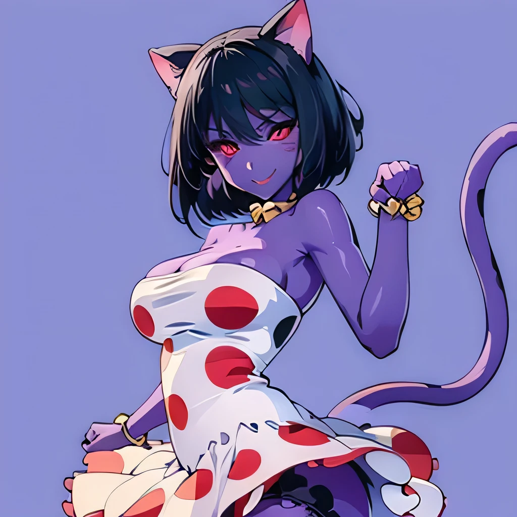  ((masterpiece,best quality,ultra-delicate,Perfect Face,16k,high resolution,very beautiful girl)), purple skin, cat ears, cat tail, polka dots pattern white strapless dress, polka dots pattern white tights, black short hair, red eyes,  large breasts,cute smile,paw pose