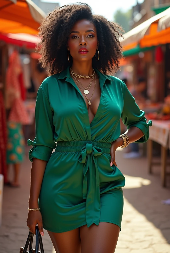 Black girl, short wavy hair, upturned almond-shaped eyes, green eyes, long eyelashes, full lips, button nose, supernatural beauty, lidded eyes, seductive, exotic, thick body type, standing in front of a colorful phone booth, wearing a color filled summer dress, vouge cover, hyperrealistic, 8k, full body shot

