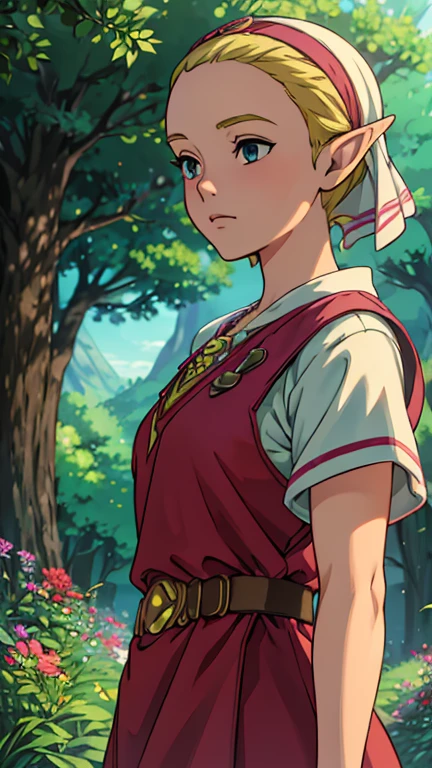 (Teens:1girl: young zelda), (extremely detailed CG unit 8k wallpaper),(master part), (best quality), (ultra detail), (best illustration),(GHIBLI_Background), cowboy shot, (Sharp eyeliner, ombre, detailed eyes:1), forest, outdoor, ,break , (arrietty), upper body, blonde hair 