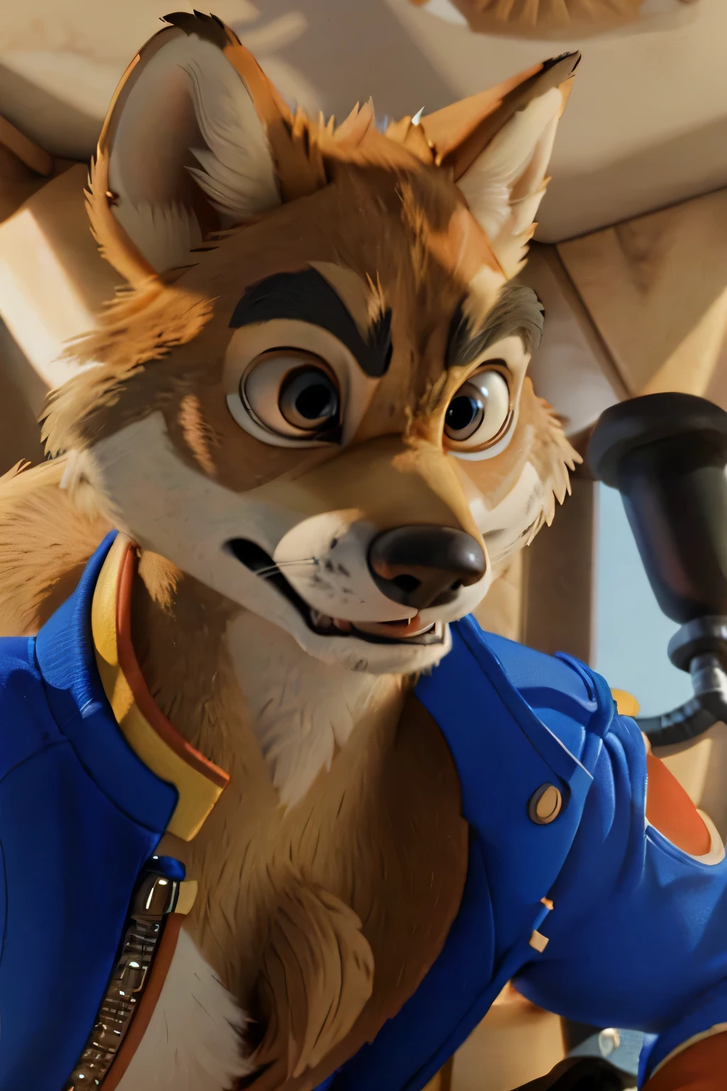 Photo-Realistic, masterpiece, detailed fur, freelancer fur, shocked, looking at viewer, (detailed pixar eyes:1.2), detailed eyes, male, anthro, ((Don Karnage, Wolf, Tan Fur, Beige Muzzle, Blue buttoned motorcycle jacket with popped collar)), BREAK detailed fur, realistic fur, neat limbs, glistering fur, detailed snout, detailed eyes, masterpiece, detailed lighting, detailed shadows, realistic lighting, realistic shadows, warm soft light, subsurface scattering, light rays