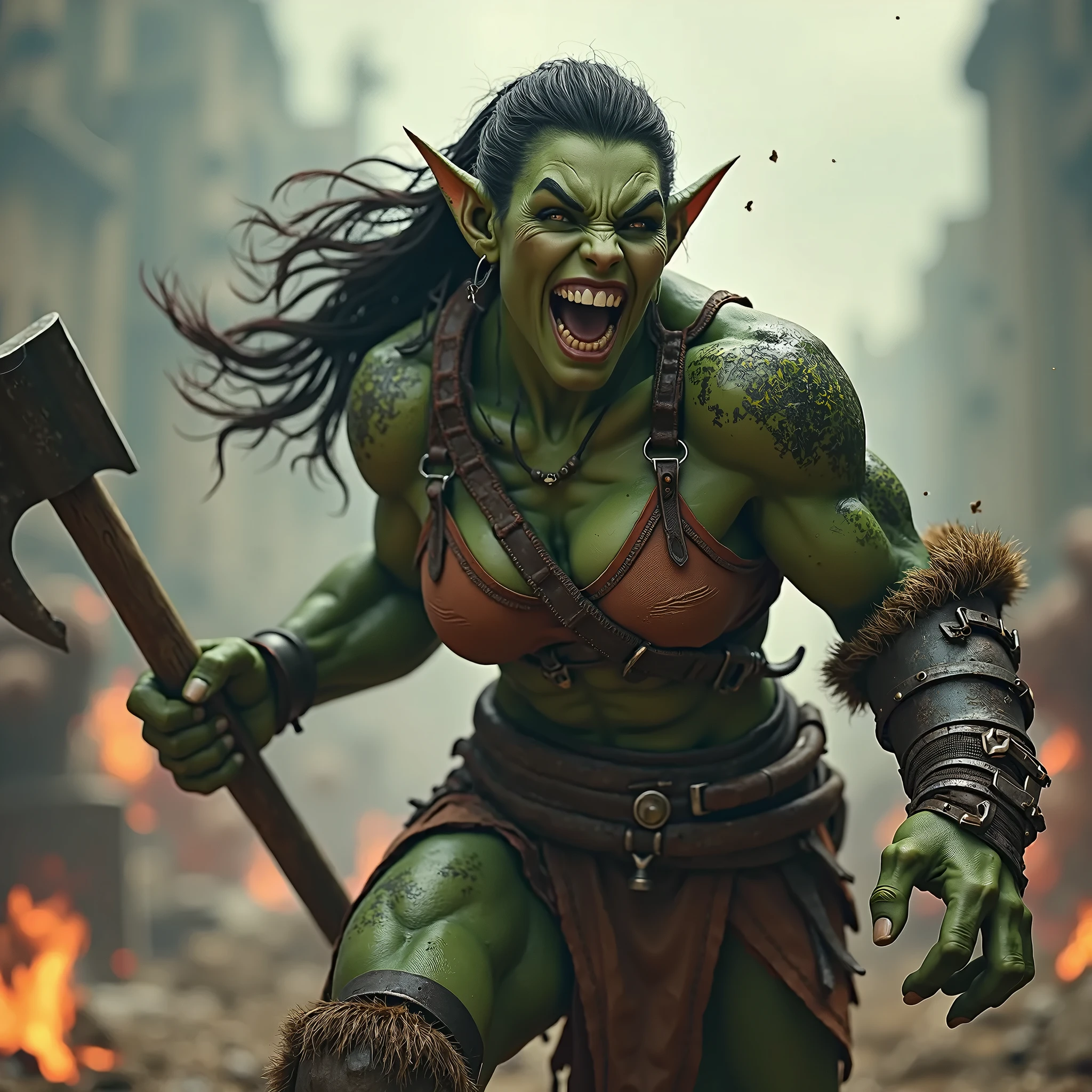 Young orc woman, big fangs, female orc, (green skin) , peaceful expression, dirty skin and hair, wearing dirty linen dress, topless, bone jewelry, big body, big breasts, forest background, natural lighting, highly detailed, 4k, photorealistic, dramatic lighting, cinematic, fantasy art, ultra high quality, sharp Focus, orczor, shewoworc