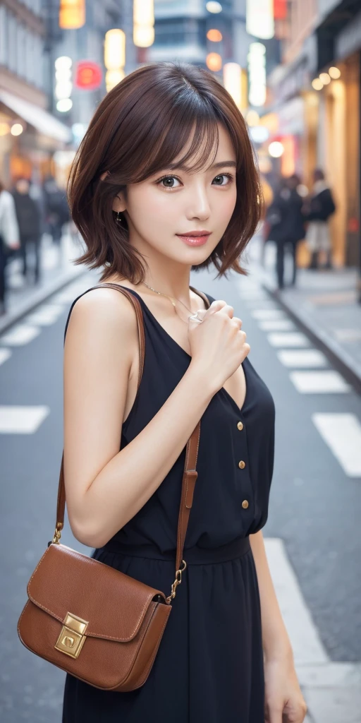 1 Girl, Tokyo Street,night, Streetscape,City lights,Upper Body,close,smile,, (8K, Raw photo, highest quality, masterpiece:1.2),(Realistic, photo-Realistic:1.37),