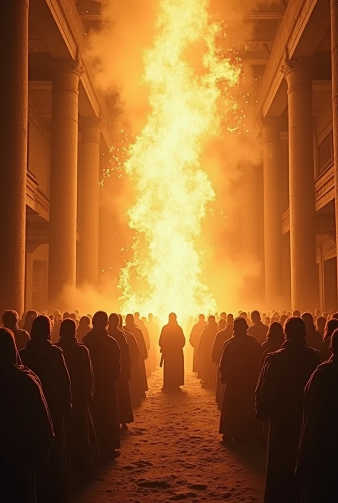 Photograph the upper body、1 girl, realisitic, Raw photo, japanaese girl, (fullnude:1.9), (beautiful countenance:1.4), 18year old, bobhair, Black hair、(Crucifixion to a burning cross engulfed in flames on stage:1.8), (Tied to a cross with barbed wire:1.5), not any dressed、(Crowd offering prayers:1.6)、Witch trials、Witch hunt