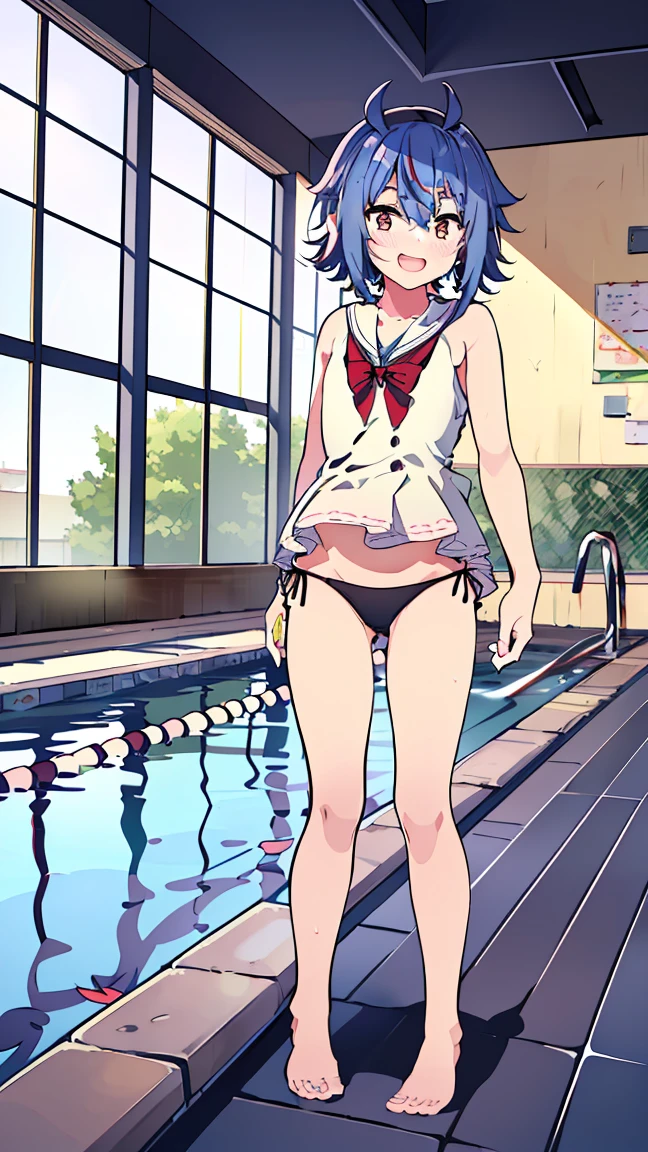 masterpiece, Best Quality, High resolution, Very detailed,(((Mikoto Naruhana))), (((Poolside)))、(((Laughing out loud。)))、(((Standing at a distance))), (((Facing forward。))), night, (((Tile wall))), (((window))), (((Panty shot。))), (((Black underwear))), (((School swimming pool)))