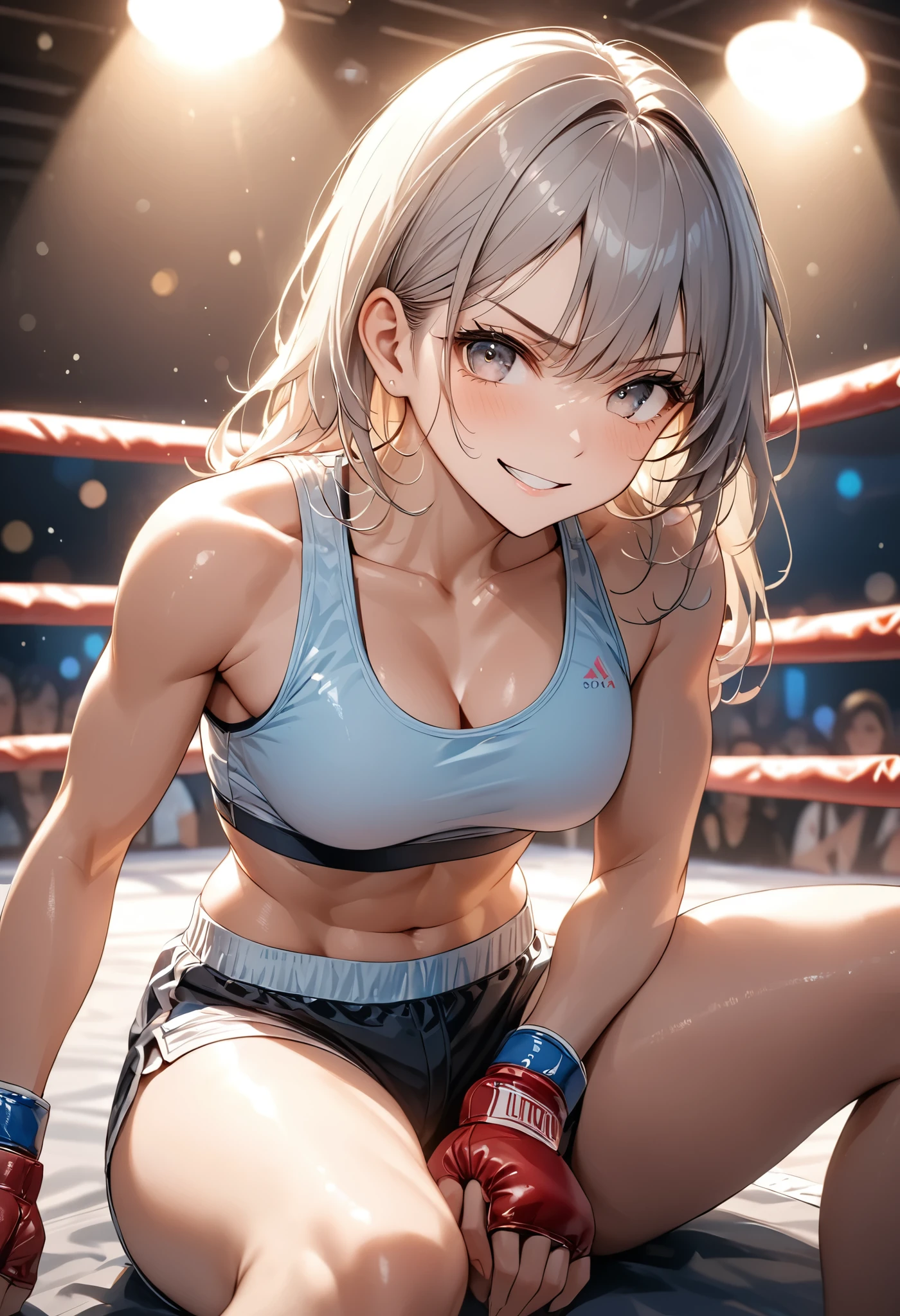 long shot, masterpiece, best quality, 8k, highres, ultra-detailed, studio lighting, ultra-fine painting, sharp focus, bokeh, portraits,BREAK,1girl,bodybuilding shorts, sexy body,boxing ring, Sitting,cross legged,angry smile,spot light, put your hands on your knees