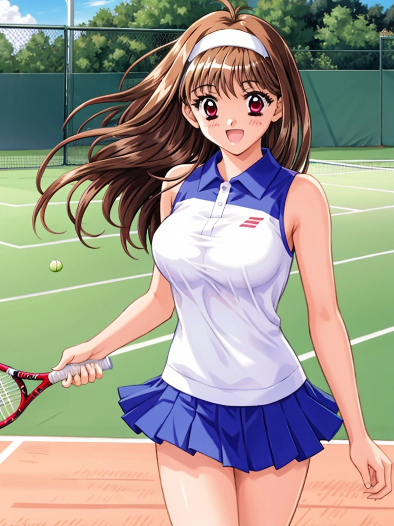 mizuho_yuuki, 1girl, brown hair, red eyes, ((white hairband:1.2)), medium breasts, straight long hair, plays tennis,laugh,thighs, game cg style, looking at viewer, sky, outdoor,