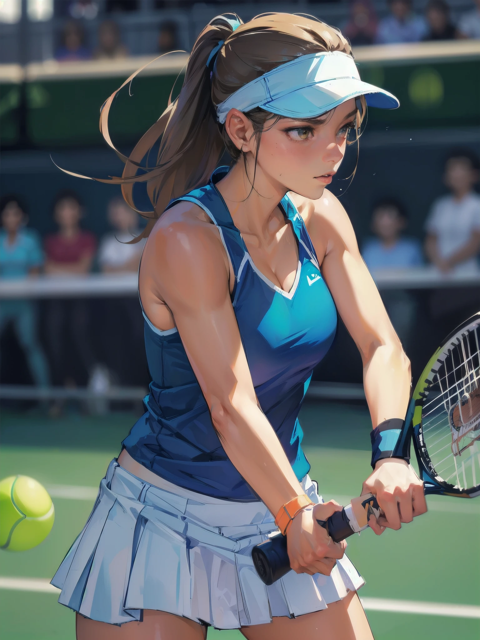 Beautiful girl plays tennis,on the park,18yo, purple short hair, blue eyes,Conceptual art, best photo shot, glowing light, realistic, UHD, textured skin, masterpiece, anatomically correct, best quality, 8k, full body,