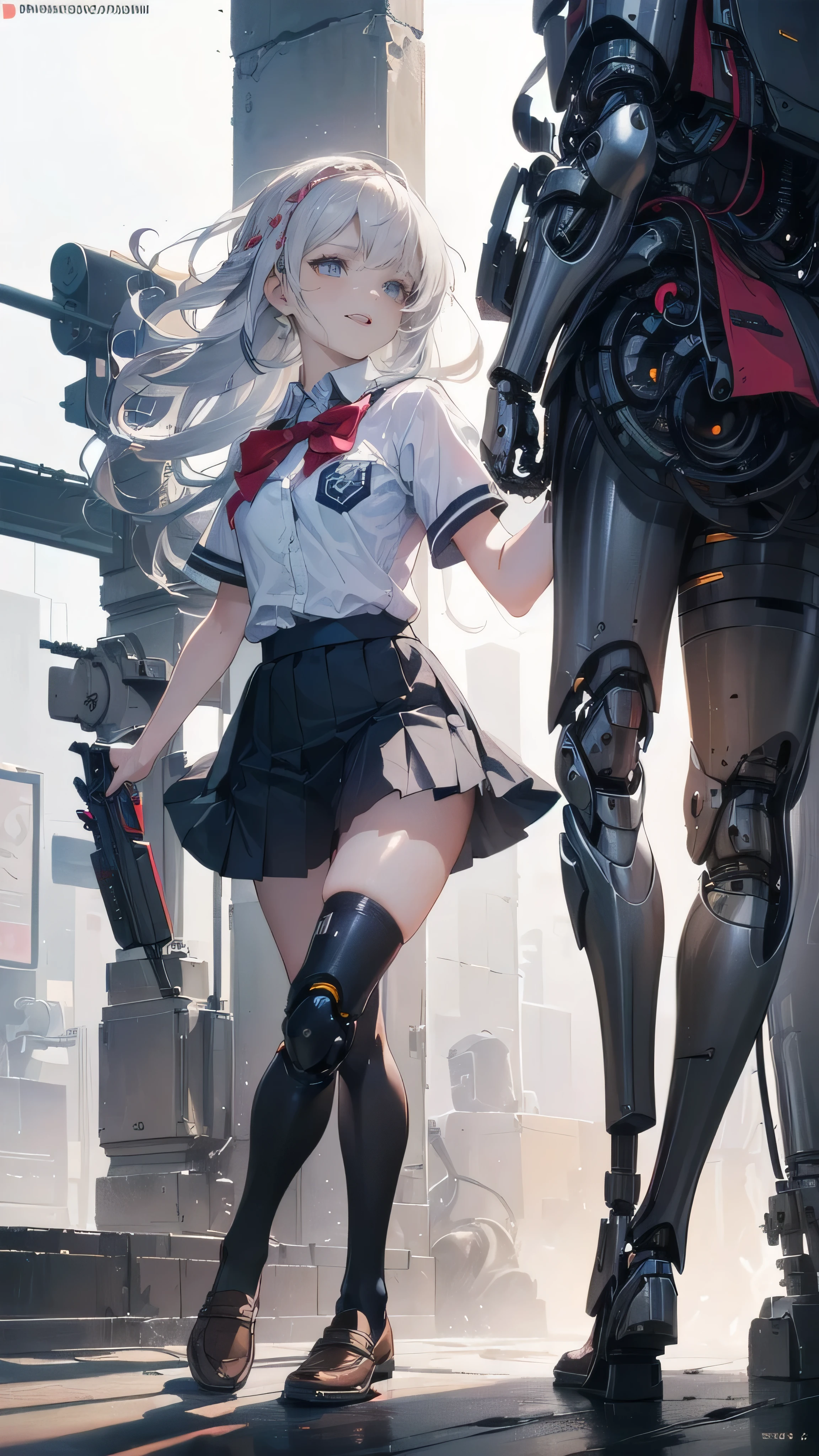 Full Body Shot,Perfect Eyes, Soft Light, high quality, 8k resolution, Masterpiece: Finely textured skin, Attention to detail, 最high quality, Awards, Very detailed, high quality,(( Girls,Student Uniform,High school girl,Body 30％mechanical,Laugh naturally:1.35,The left leg is a prosthetic:1.25,His right arm is a complete prosthetic.,Wearing half spats under her skirt,Prosthetic arms and legs are futuristic,Soft looking lips,Glowing skin,Hair is braided,Hair Accessories,Soft-looking skin:1.25)),100 Meter Sprint:1.25,Running at full speed,I&#39;m good at running,Run with your thighs up,Parkour in the city:1.25,