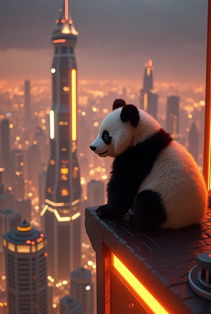 Highest quality、A futuristic city enveloped in golden neon lights、Watching from on high、Night view、8k、fluffy, Panda&#39;Soft back