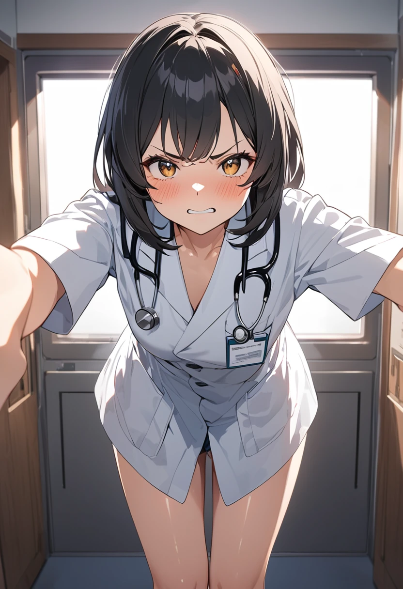 ((((Perfect ???????, Very detailed肌)))), 1 girl, (Female doctor:2.0), White skin, Glowing Skin, Large Breasts:1.0, Watch your audience, (Large white coat:1.5,Miniskirt), (Black legwear, zettai ryouiki), (Beautiful views), Daytime, , ((In a hospital examination room, Modern)), (8k, Highest quality, Masterpiece​, Very detailed, ), (Realistic), figure, Cinema Lighting, (Intense ???:1.5)