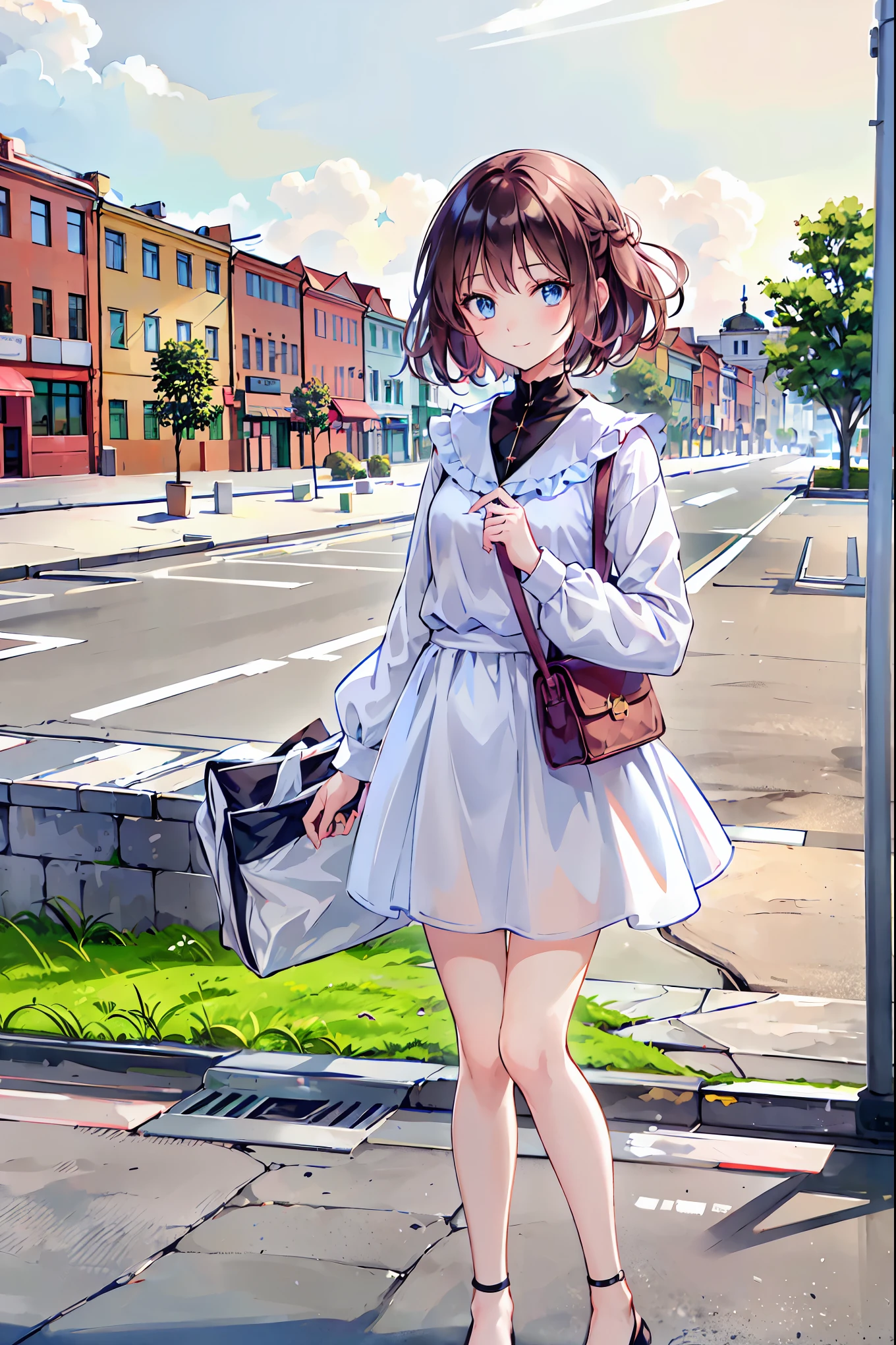 (ultra-detailed, best quality, detailed face, anatomically perfect body), (parted lips), shiny skin, (1 girl, have to pee, very desperate to pee, have to pee), street, (smock blouse:1.3), petticoat, (long skirt:1.6), (footwear, asymmetrical lob hair:1.3), (have to pee:1.6), (just before the bladder limit:1.1), (knees together and feet apart, Rub each other's thighs:1.1), (hand between legs:1.5), (leaning forward:1.2), (holding crotch:1.5), (girl can't stand up straight), (constricted pupils:1.4), (erotic twist of the body:1.8), (sad:1.3), (blush:1.6), (embarrassment:1.4), flowing sweat, (fear), (breathless:1.5), (squint eyes:1.4), (looking away:1.5), (full body:1.4), (top of stairs, from below:1.5),
