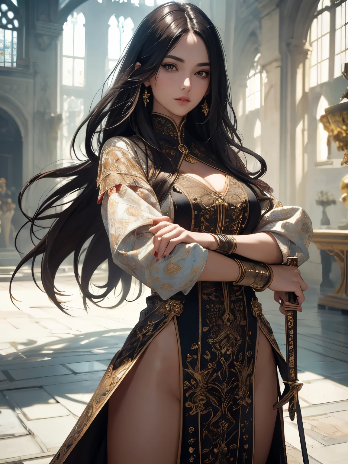 a beautiful princess with long hair, sitting in a prison,large breasts, anxious expression, ornate dress, fantasy, intricate details, cinematic lighting, dramatic atmosphere, highly detailed, 8k, photorealistic, masterpiece, digital art