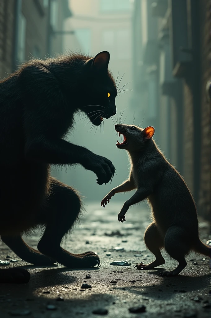 Create a realistic woman fighting an ultra realistic rat full of details 