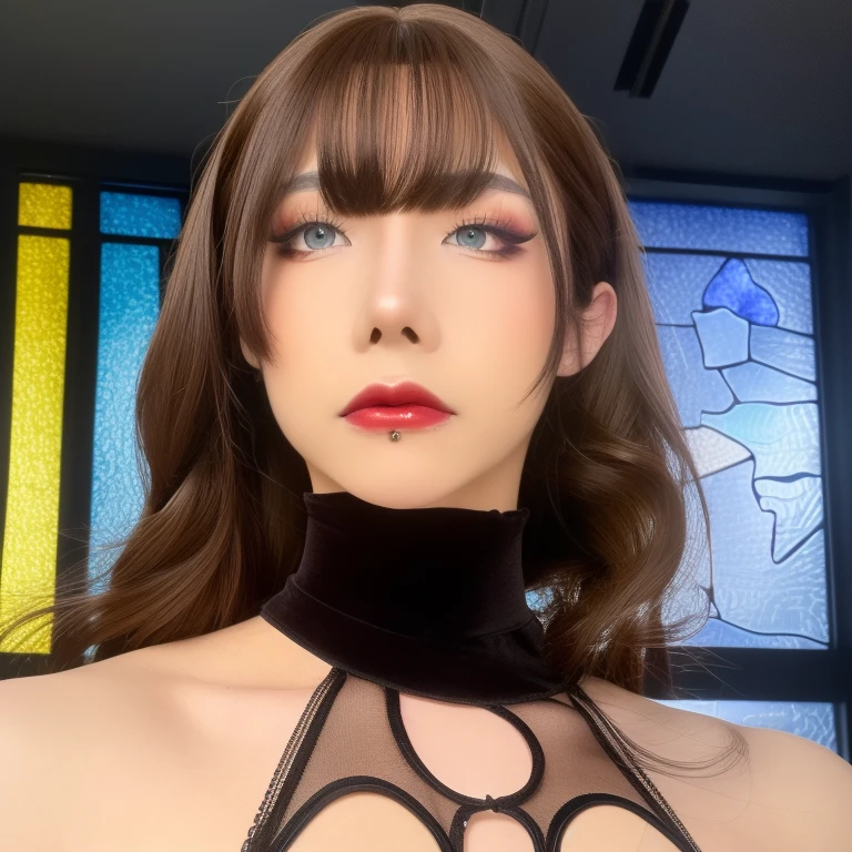 8k, high-res, best quality, (masterpiece:1.2), (realistic, photo-realistic:1.4), ultra-detailed, front view, upper body shot,high stand collar, cathedral, Stained glass, ((makeup)),red lips, (eyeshadow),((naked)),brown hair,((full body))