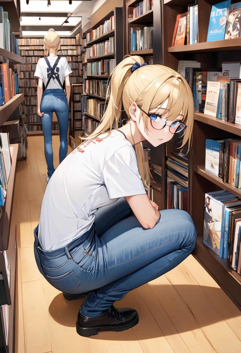 Blonde Ponytail、Slender woman in her late s、Ribbon is blue、Rectangular rimless glasses。Ice Blue Eyes。T-shirt and jeans。Squatting with an apron on。Buckshot。Rear angle。His back and underwear are visible between his shirt and jeans。The background is a bookstore