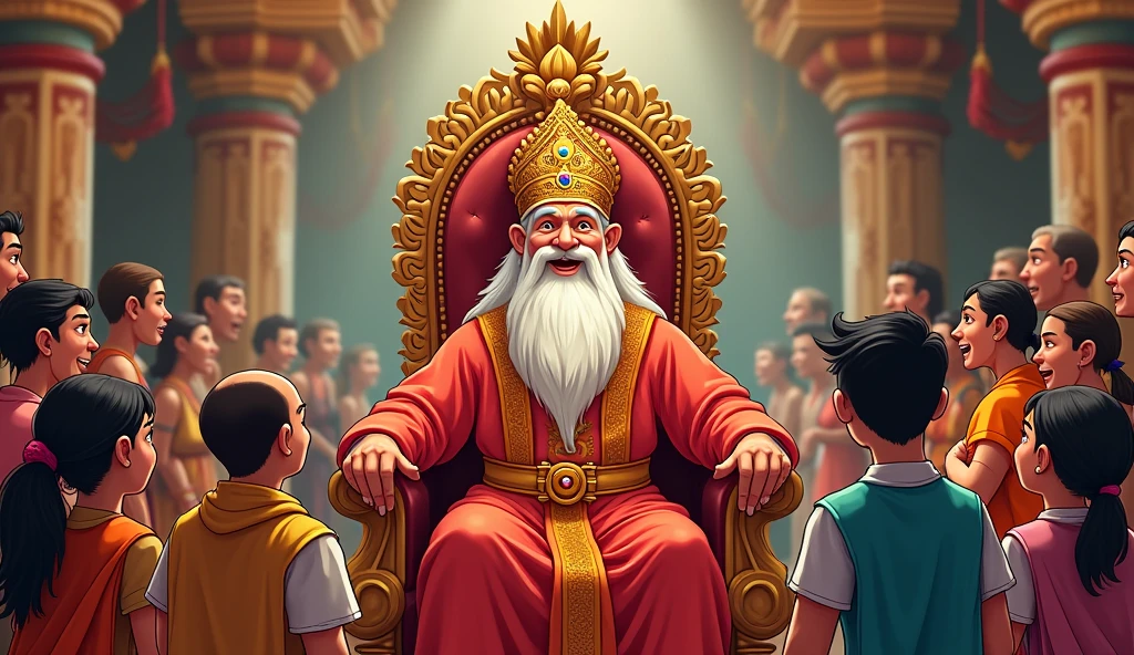 Innocent happy smiling rich old saint buddha giving money from both hands royal background and giving his wealth to me blessings and he also giving me away white cloths pink flowers and cute beautiful blonde girls to me giving me red rose