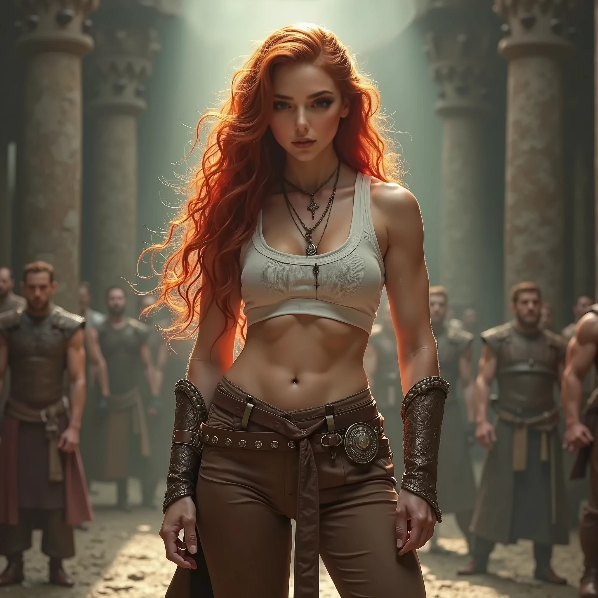 (best quality,4k,8k,highres,masterpiece:1.2),ultra-detailed, Amazonian Readhead, Viking Princess, laurenphillips, red hair, white seethru tanktop, brown pants, triumphant pose, -Muscular Female-, HDR, 8k, absurdres, cinestill 800, sharp focus, add_detail:2, (solo, woman)