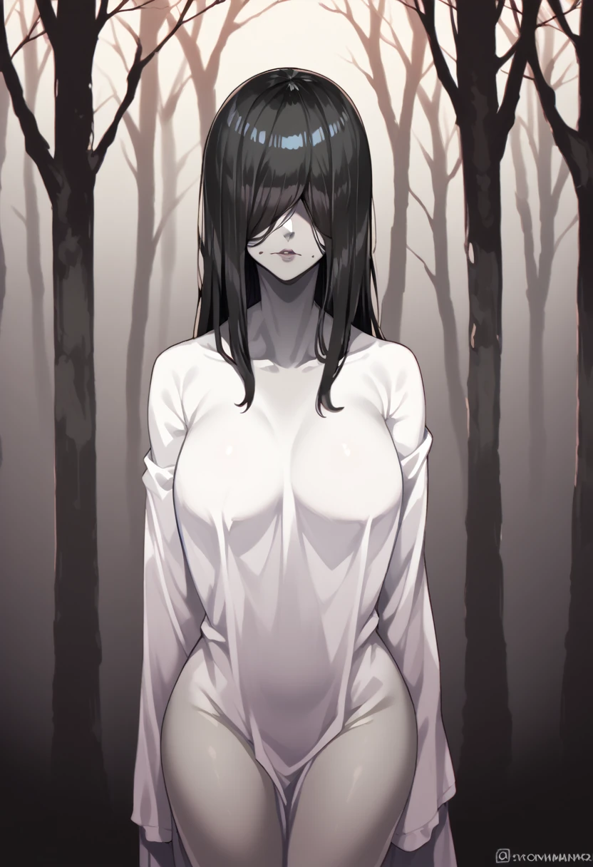 ((work of art)), (best quality), (an absurdity), black hair, yamamura_Sadako, white dress, (gray skin), hair over the eyes, covered eyes, looking at the viewer very sexual in the dark forest super realistic and well detailed