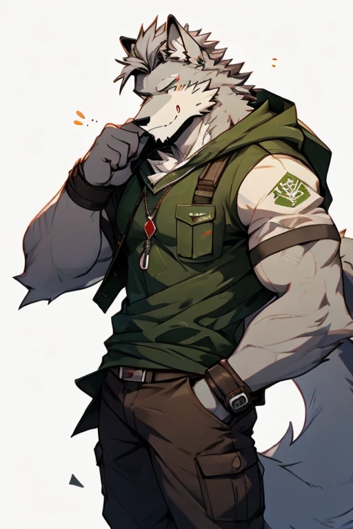 A Top And Right Side Body Picture of A Very Muscular Furry style Gray Wolf. he is wearing Full Green Soldier military outfit. He is looking at the viewer. The background is just color white. His hair is spikey and messy. He have A gray hair. He have a little smile with blushes on his face in shyness. He have a very long tail. he have gray eyes. his both hand is in his pockets. he is standing in the background, his mouth is little open