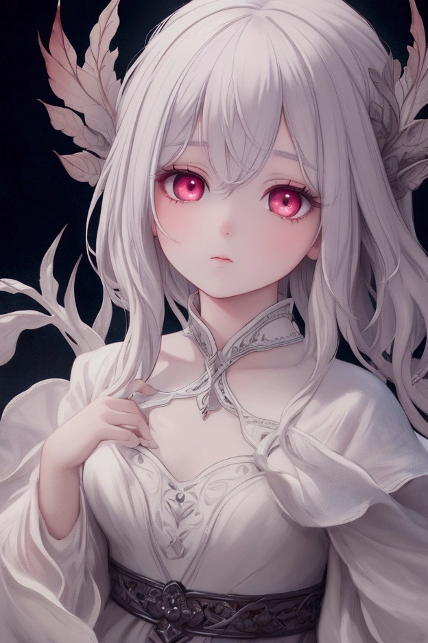 1 girl, fairy, white silk dress, sorrowful expression, hand on back, dark crimson eyes, extremely detailed facial features, long eyelashes, dramatic lighting, muted color palette, fantasy art style, digital painting, cinematic composition, depth of field, volumetric lighting, photorealistic, 8k, best quality