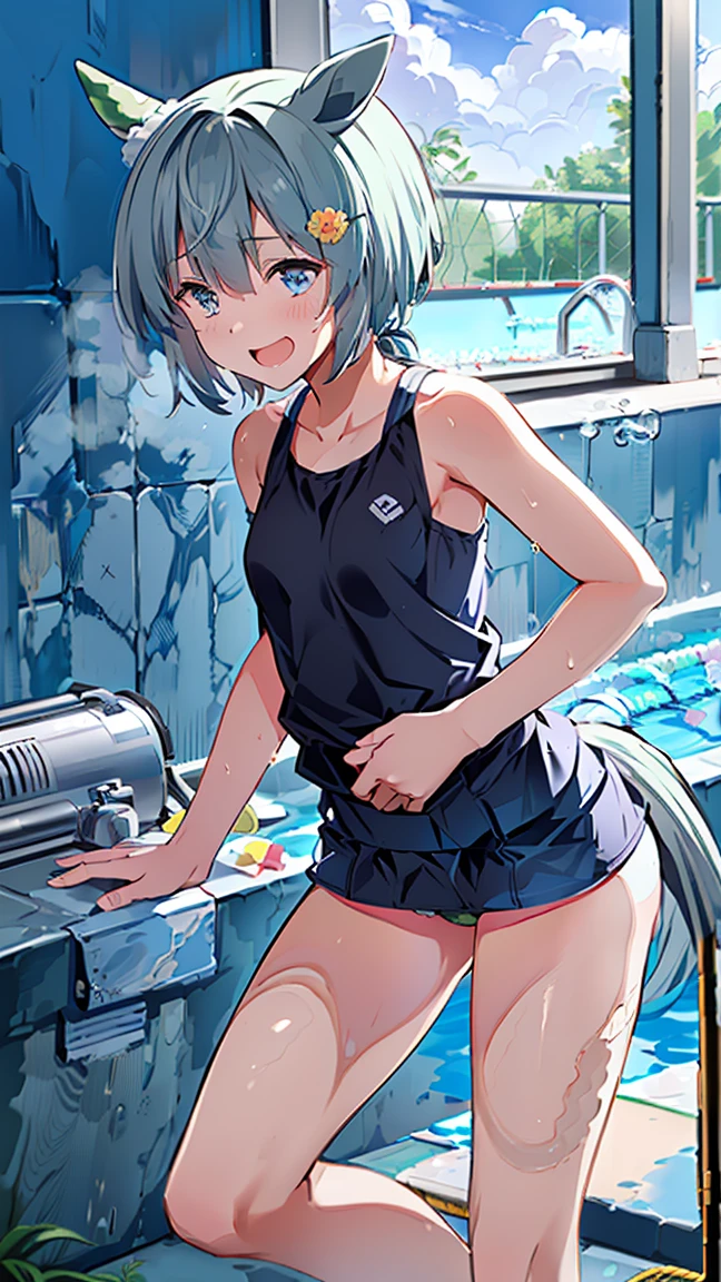 1girl, (table humping:1.5), (crotch rub), ((sports bra) , (Miniskirt), (White hair and blue highlights),cyan eyes, medium, short hair, solo, (medium breasts:1.2), skirt lift, lanyard, table, lifting,(suggestive fluid:1.5), masterpiece, best quality, highly detailed