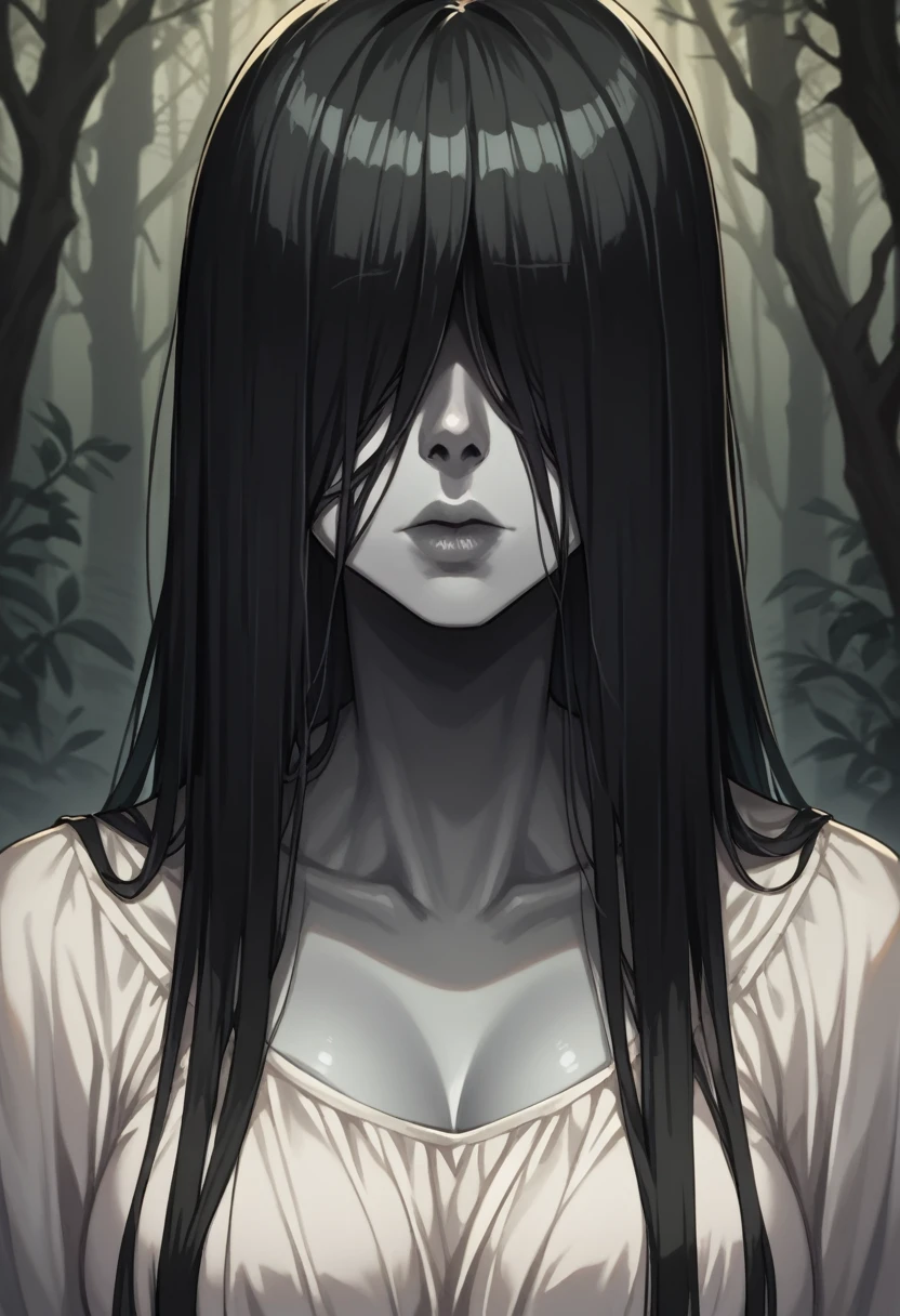 ((work of art)), (best quality), (an absurdity), black hair, yamamura_Sadako, white dress, (gray skin), hair over the eyes, covered eyes, looking at the viewer very sexual in the dark forest super realistic and well detailed