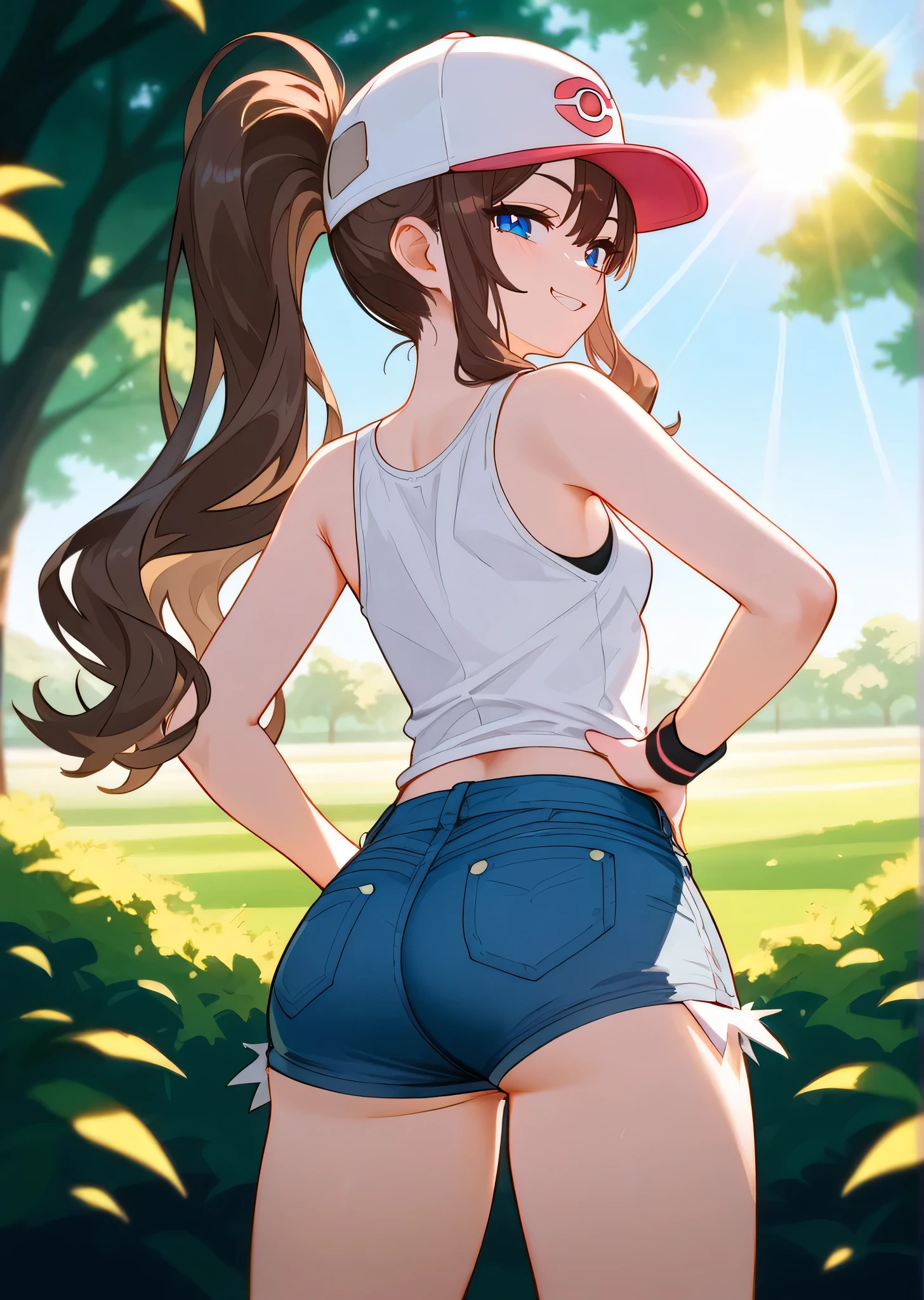 [hilda \(pokemon\)], [Pokemon], ((masterpiece)), ((HD)), ((high res)), ((solo portrait)), ((back view)), ((waist up)), ((cute anime aesthetic)), ((detailed shading)), ((intricate details)), {(attractive figure), (brown hair), (long ponytail), (cute blue eyes), (small breasts), (curvy hips), (beautiful legs), (smug grin)}, {(white tank top), (short jean shorts), (exposed pockets), (white baseball cap with pink brim)}, {(hand on hip), (looking back at viewer)}, [ambient lighting, plains, park, sun rays, trees, sunset]