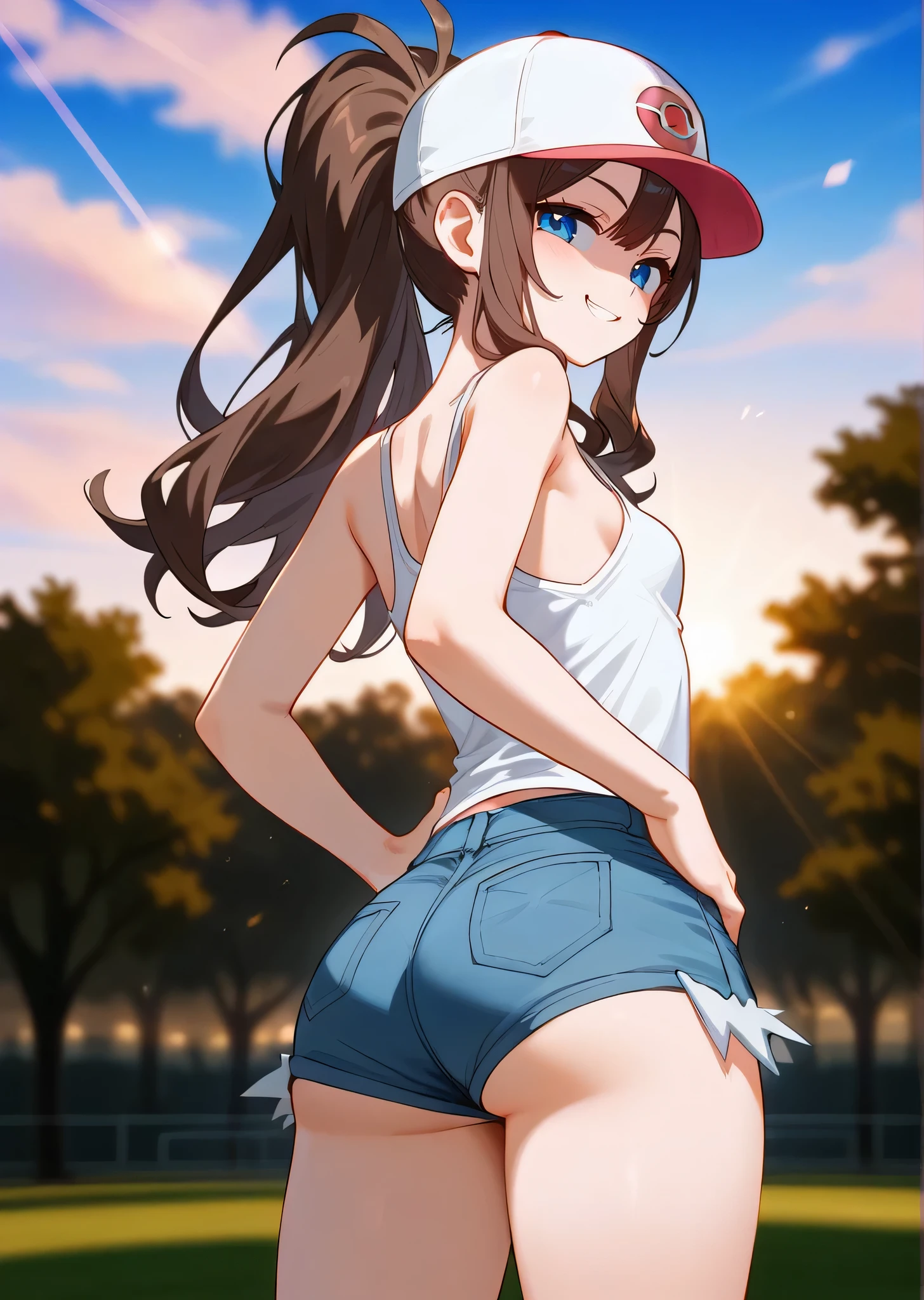 [hilda \(pokemon\)], [Pokemon], ((masterpiece)), ((HD)), ((high res)), ((solo portrait)), ((back view)), ((waist up)), ((cute anime aesthetic)), ((detailed shading)), ((intricate details)), {(attractive figure), (brown hair), (long ponytail), (cute blue eyes), (small breasts), (curvy hips), (beautiful legs), (smug grin)}, {(white tank top), (short jean shorts), (exposed pockets), (white baseball cap with pink brim)}, {(hand on hip), (looking back at viewer)}, [ambient lighting, plains, park, sun rays, trees, sunset]