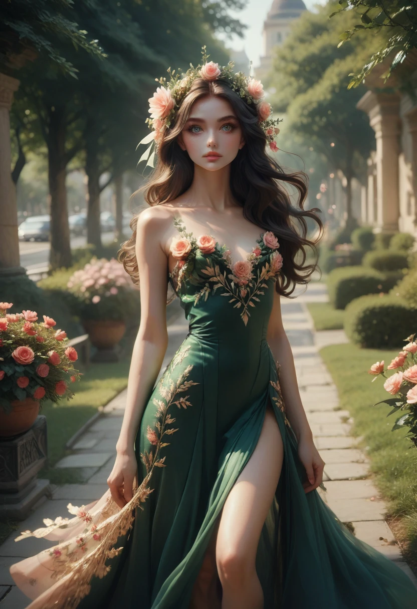 ((Best quality, 8 k, masterpiece: 1.3)), 1 girl, slender beauty: 1.3, (Long hair: 1.2), flower dress, long legs: 1.1, Super Thin Face, [beautiful eyes, Double eyelids, outdoors