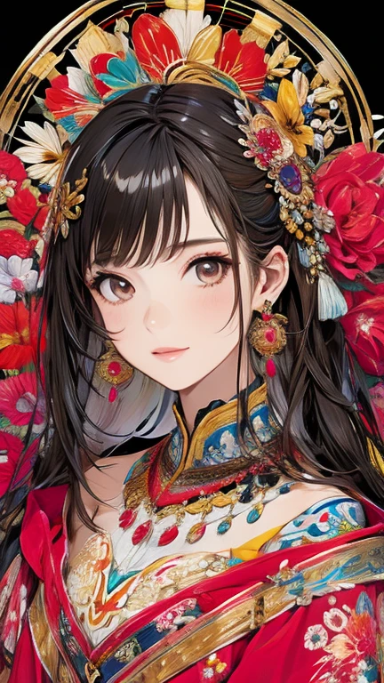 big eyes,black hair,best quality,yellow cape,around with red flowers,red clothes,paper cut art