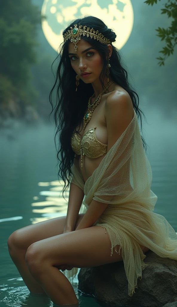(full body shot:1) photorealistic image of a woman, ultrarealistic, photography, straight long black hair, asian woman, beautiful cute sexy asian 20 years old woman, hourglass figure, perfect body, Flirty look, natural big breasts, long eyelashes, cat eye make-up, double eyelids, sexy pose, erotic pose, seductive pose, big breasts, big tits, wearing a sheer rainbow black glitter traditional miao dress, jewelries,hmong outfit ,at the waterfall