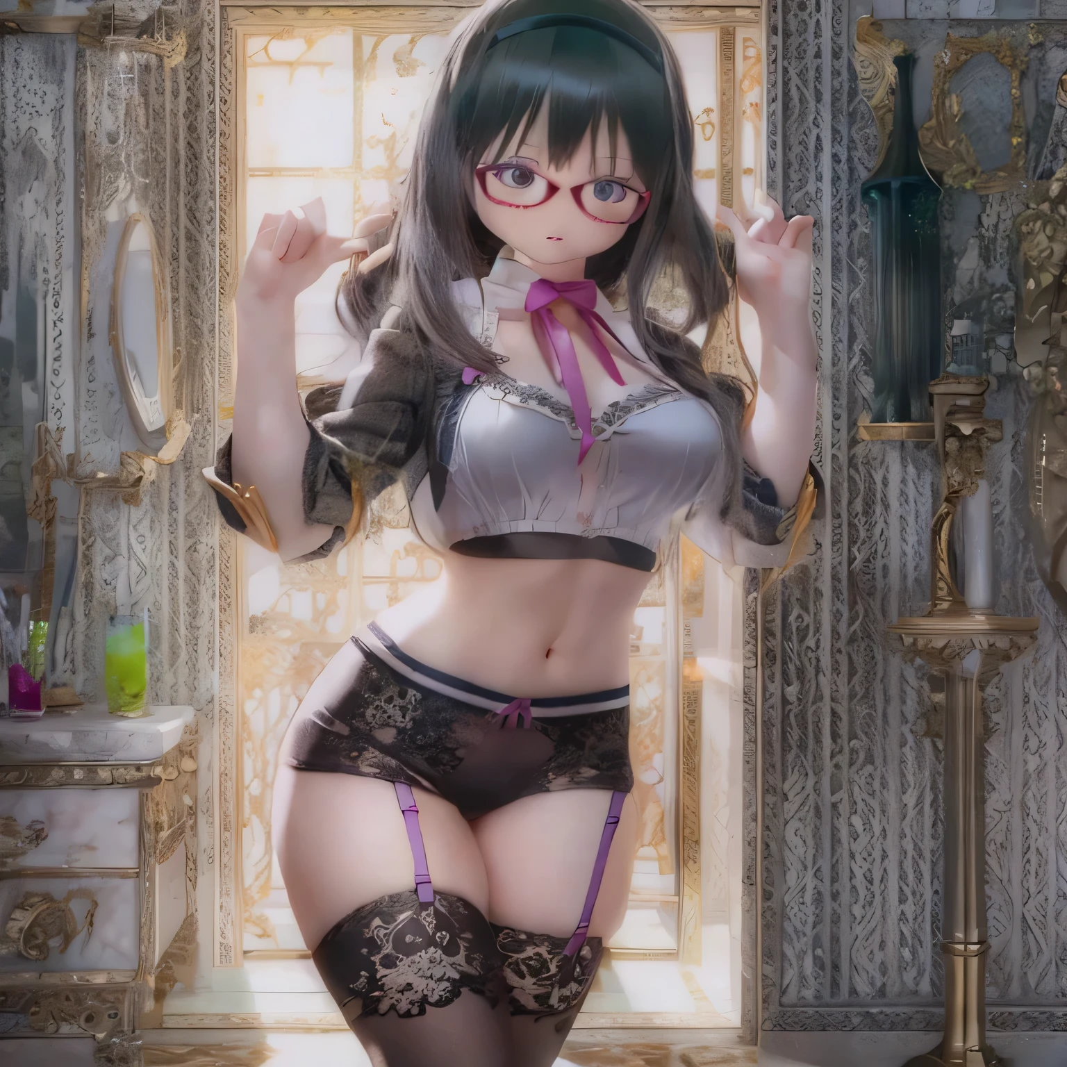 (Realistic:1.37), Vibrant colors, Very detailed, Physically Based Rendering, Tabletop, Expressive eyes, Perfect Face, Closed lips, barefoot, Akemi Homura is standing, Black Hair,  Black-rimmed glasses, Sexy Lingerie, Seductive posture, Ample breasts.Garter belt