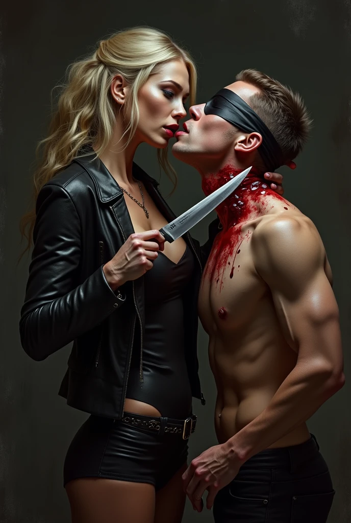 A beautiful Woman knife cut throat A boy handsome neck bloody splash, blindfold, full body, wide open throat
