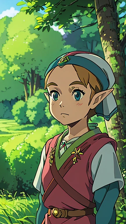 (s:1girl: young zelda), (extremely detailed CG unit 8k wallpaper),(master part), (best quality), (ultra detail), (best illustration),(ghibli / Background Style ( Ghibli )), cowboy shot, (Sharp eyeliner, ombre, detailed eyes:1), forest, outdoor, ,break , (Studio Ponoc-Ghibli Style), upper body, 