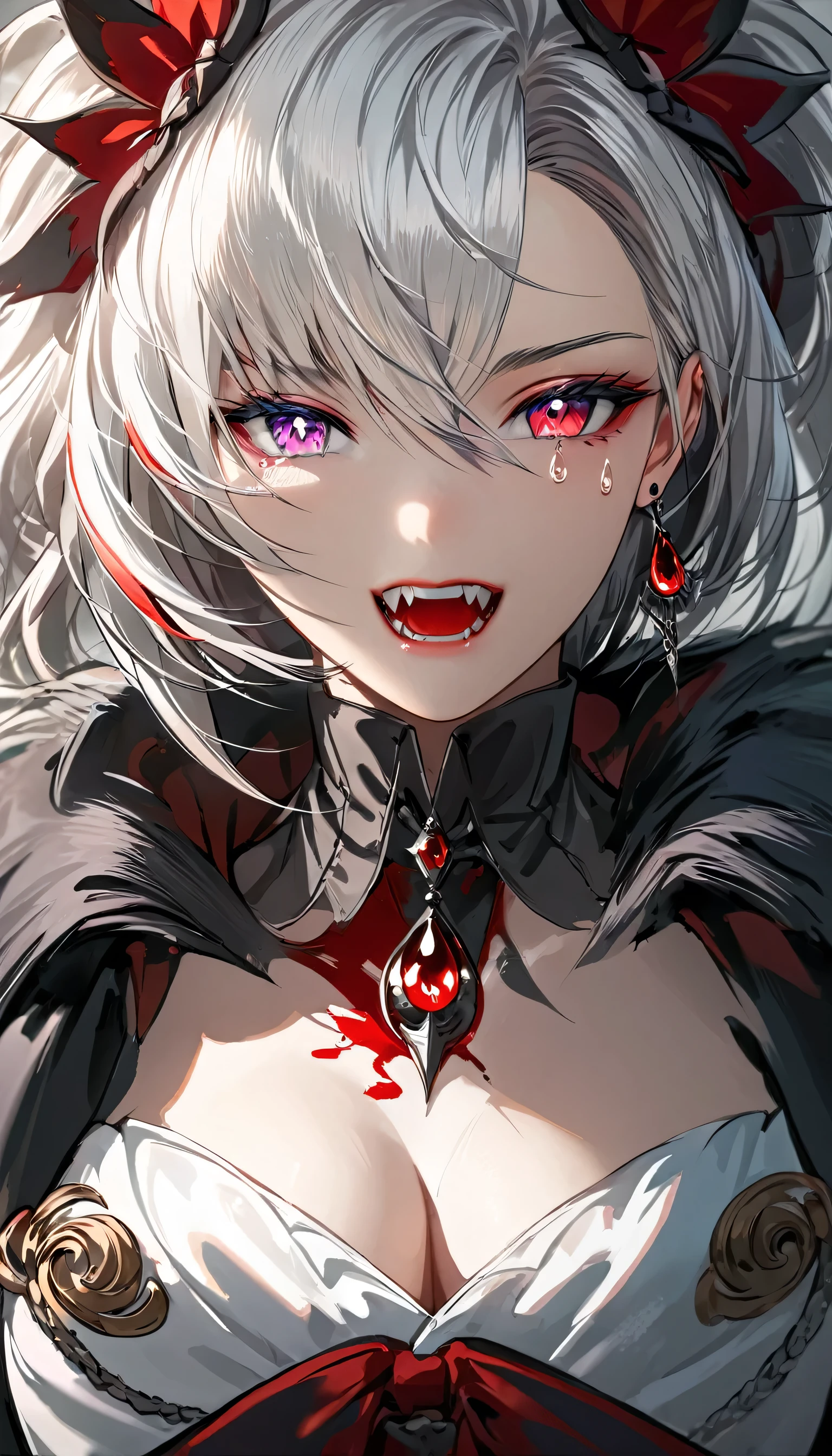 a portrait of vampire with a bloody tear coming down from he eye, an exotic beautiful female vampire, white hair color, dynamic hair style, ultra detailed face, best detailed face, silver eye color, ((1single red teardrop: 1.3)), ((tear drop made from blood)), ((teardrop coming down from the eye: 1.3)), there is a blue streak in the hair, vampire teeth, small cleavage, wearing two black diamond earrings, Ultra-high resolution, High Contrast, (masterpiece:1.5), highest quality, Best aesthetics), 16K fantasy art, best details, best quality, highres, (ultra wide angle: 1.2), 16k, [ultra detailed], masterpiece, best quality, (extremely detailed), ladyshadow, magical sky, crying style, vampire teeth