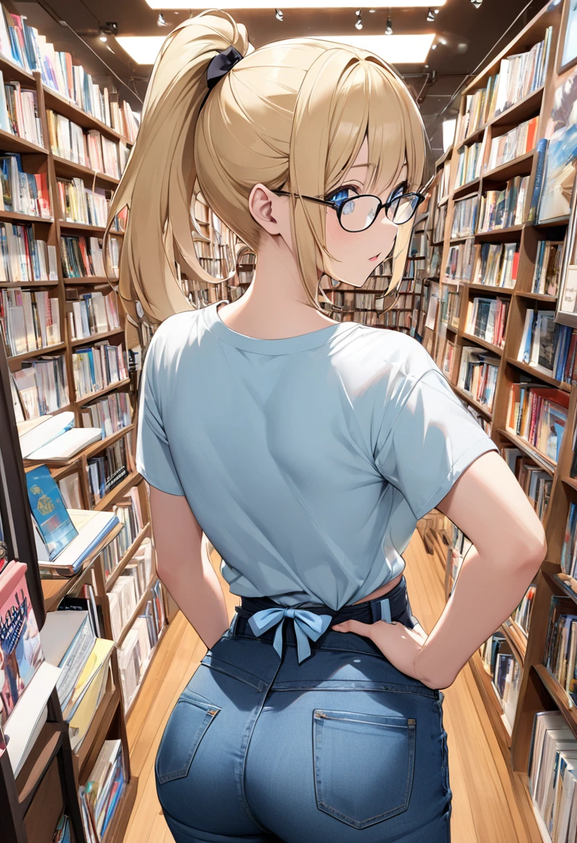 Blonde Ponytail、Slender woman in her late s、Ribbon is blue、Rectangular rimless glasses。Ice Blue Eyes。Short T-shirt。Low rise jeans。apron。Buckshot。Rear angle。Back and hips、I can see your underwear。The background is a bookstore