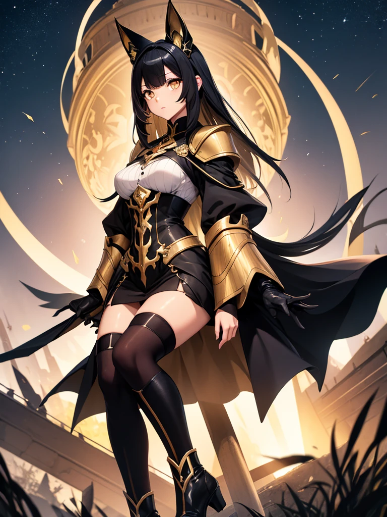 Profile of a Woman, Only one person is depicted, Above the knees image, Side view, masterpiece, Best Quality, Straight black hair fluttering in the wind,Hair length down to chest, Cat ears, Golden Eyes, A dignified expression, A warrior in black and gold armor, The chest size is medium,Black thigh-high socks,Black boots,Black Skirt, On the roof of a frighteningly tall tower, The night sky that seems to draw you in, Sitting