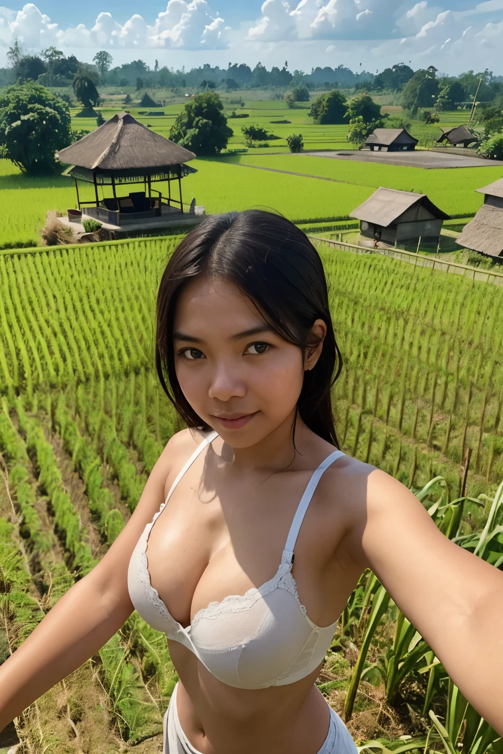 Realistic selfie photo of Indonesian girl with messy hair, wearing push up bra, The background features a rural rice field with people plowing, a gazebo for resting, scarecrows, and village at distance. The sky is clear, it's a bright morning in Indonesia. sweaty. one hands up. showing armpit. UHD. Masterpiece.