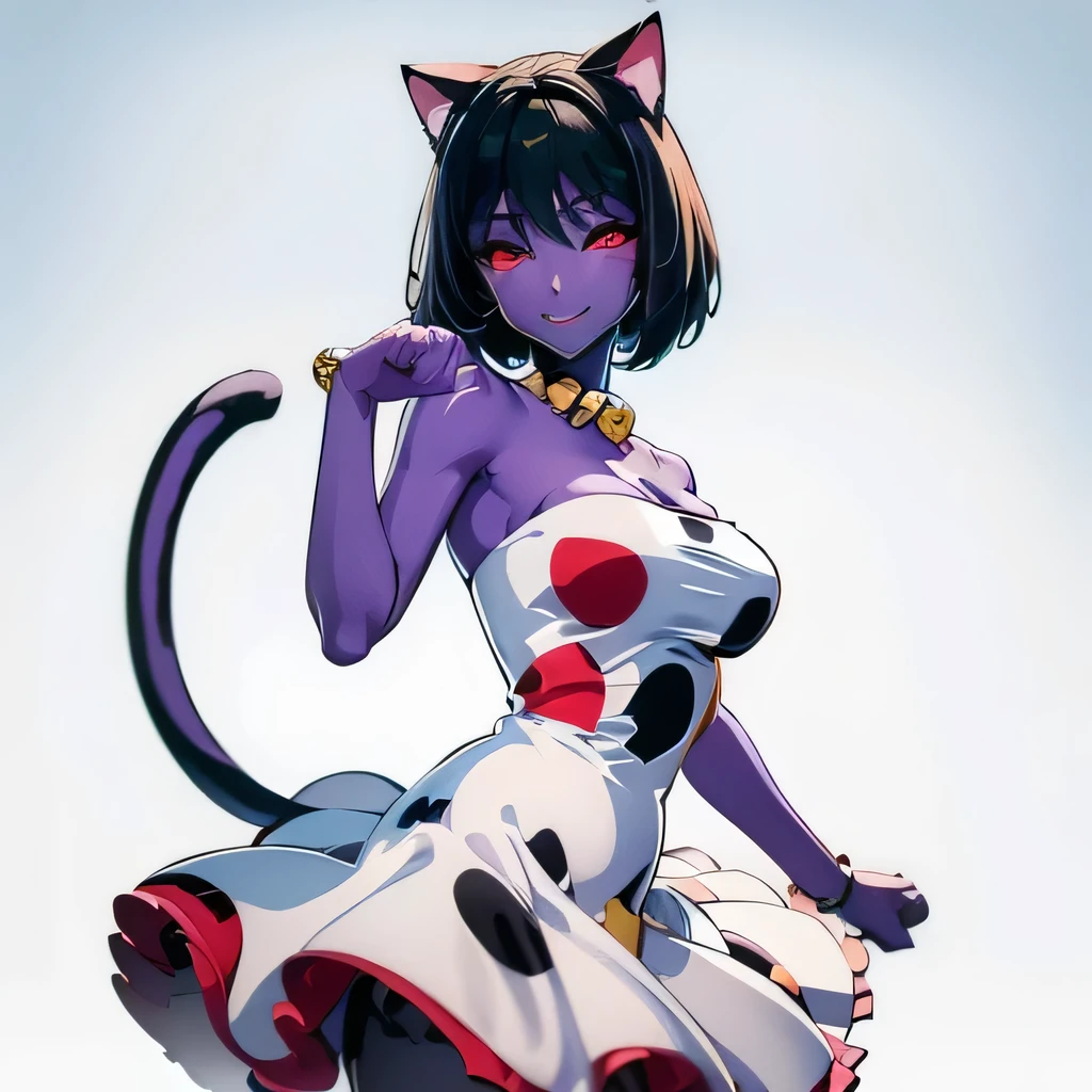  ((masterpiece,best quality,ultra-delicate,Perfect Face,16k,high resolution,very beautiful girl)), purple skin, cat ears, cat tail, polka dots pattern white strapless dress, polka dots pattern white tights, black short hair, red eyes,  large breasts,very cute smile,paw pose