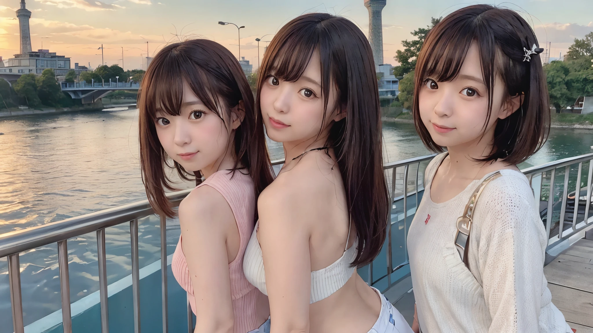 8K, RAW Photo, Best Quality, Masterpiece, Realistic, PhotoRealistic, Extremely Detailed 8K Wallpaper, Beautifully Detailed Eyes, Finely Detailed Face, 
 BREAK 
Cinematic Lighting, 
 BREAK 
(s-bridge + t-skytree + s-river:1.4), 
 BREAK 
Perfectly Anatomically Correct:1.0, 
 BREAK 
(3 Girls:1.4), Kawaii, (Soft Underbuttocks:1.2), 
Symmetrical Clear Eyes, 
, Smiling Cheerfully, 
[Round Face, Round Chin], 
Wearing SHIMAMURA October Clothes, 
[Looking Back Viewer Straightly], 
 BREAK 
SFW, Dynamic Shot from Behind Below:1.2, Bokeh:1.0