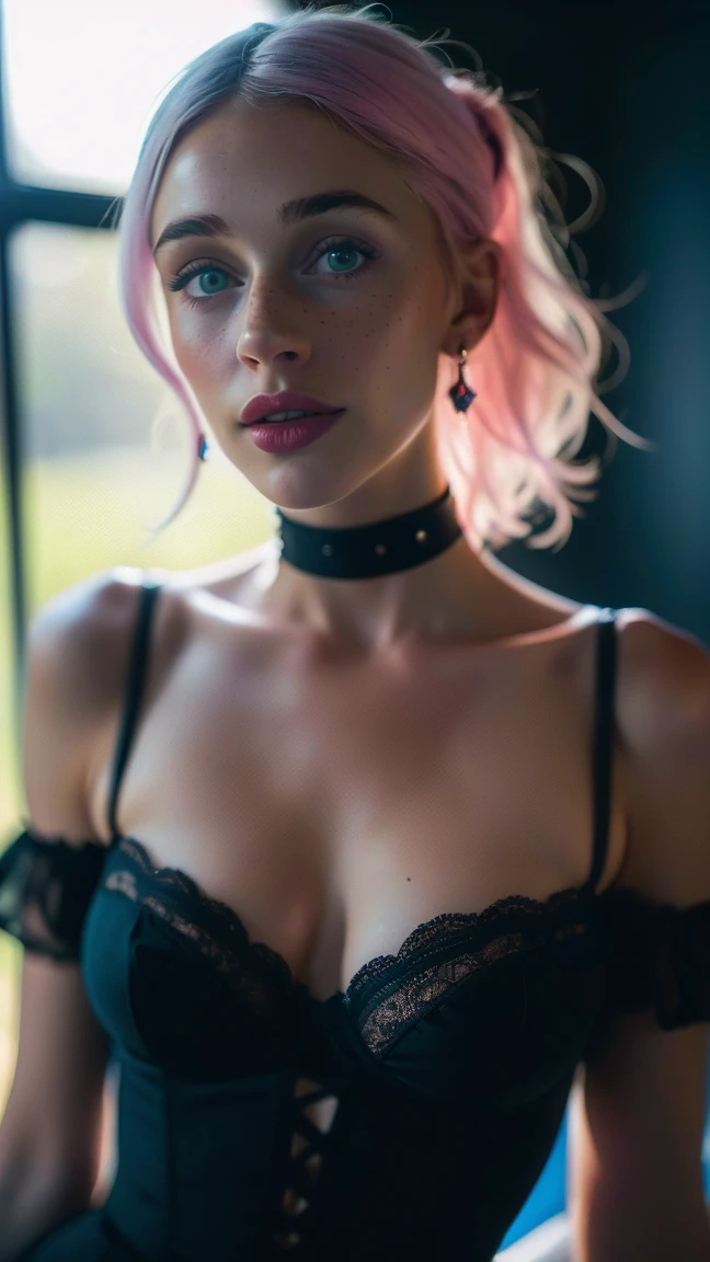 High quality, rich in detail, twin-tailed short pink-haired girl posing cutely. They wear vintage Gothic gothic clothes, wearing bracelets, earrings and necklaces. Big are also visible. The photo is a close-up of the face, with cleavage, shiny breasts, sweat in the cleavage, and a sexy vibe.