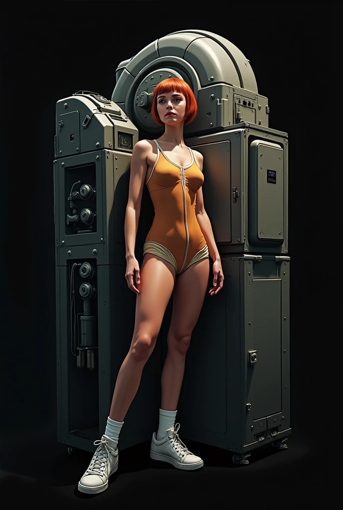 High-resolution drawing of a full body length view portrait of Kathryn Newton, with a hyper-beautiful face, short hair, a nude cavewoman, Displayed within aa glass display case cage in a sci-fi futuristic museum, under harsh lighting in the style of Bruce Pennington, Frank Frazetta, and Parrell Sweet