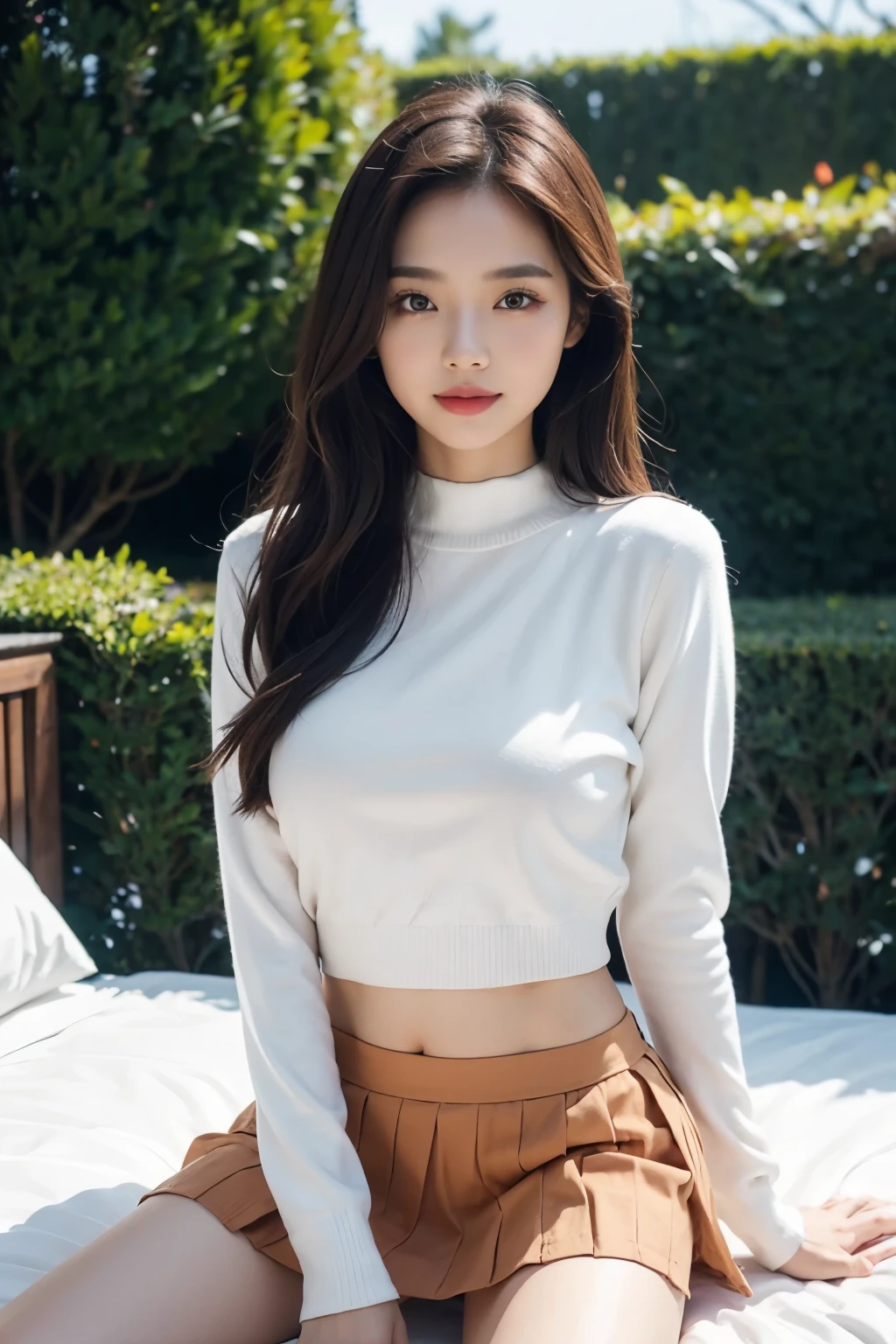 a very beautiful and very cute thai girl shows her white panties(wearing a open-chested knit sweater & a colored miniskirt, (Flirtingly lifting her skirt to show her white panties:1.3)lying and sitting on a a bed. with a smiling, semi long brown hair, Best Quality, Ultra-detailed, finely detail, hight resolution, 8K Wallpaper, Perfect dynamic composition, Beautiful detailed eyes, Natural Lip, standard breasts, Random sexy poses,