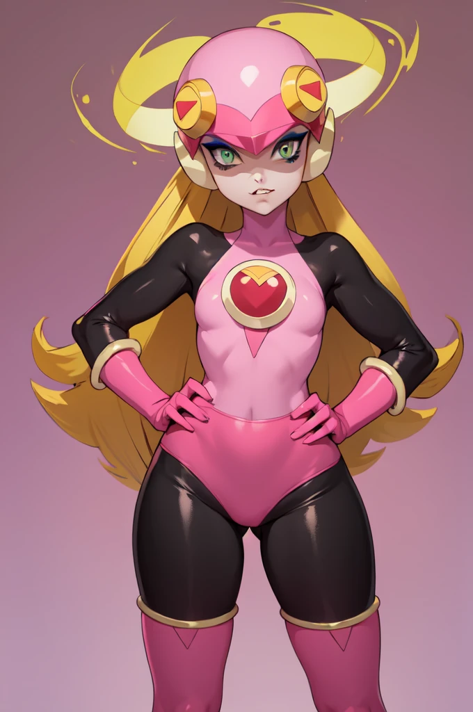 masterpiece, best quality, 1girl, evilroll, helmet, blonde hair, green eyes, eyeshadow, makeup, high heels, fang out, bodysuit, pink gloves, pink boots, hands on hips, simple background 