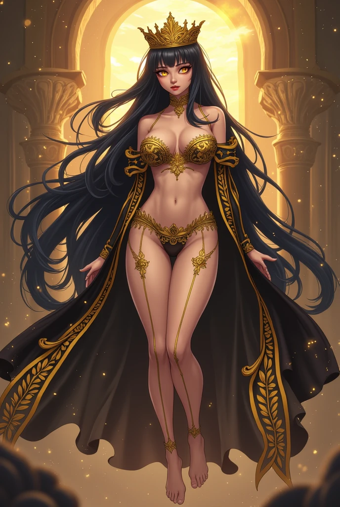 best quality, nsfw, extremely beautiful, beautiful face, long wavy dark hair, (Woman dark : 1.2), (Black skin : 1.2), (Shiny skin : 1.5), big breasts, long sexy black and gold dress neckline navel, black and gold breast curtains, long black and gold open_front_skirt, arousal pose, (extremely long necklace that goes down to the navel : 1.2)